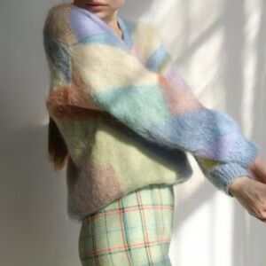 Vintage Mohair Colorful Geometric Diamond Pattern Women Sweater MEDIUM